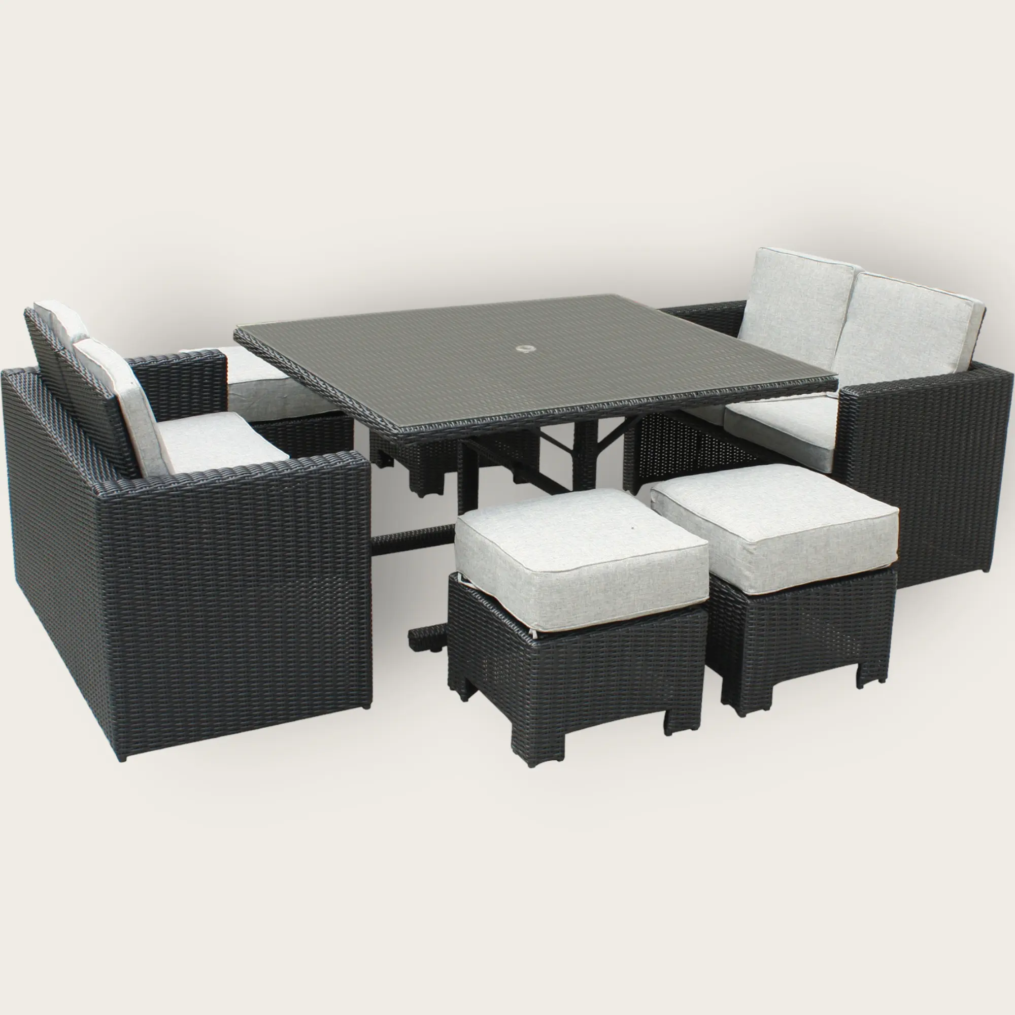 Ensemble repas de jardin OCEANE LUNCH encastrable 8 places en résine tressée et plateau verre - NOIR