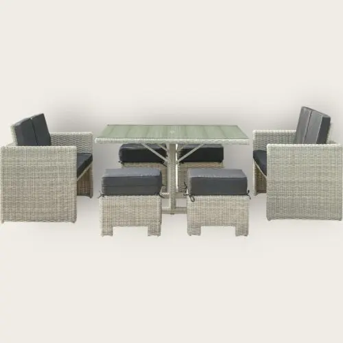 Ensemble repas de jardin OCEANE-LUNCH encastrable 8 places en résine tressée et plateau verre - CREME