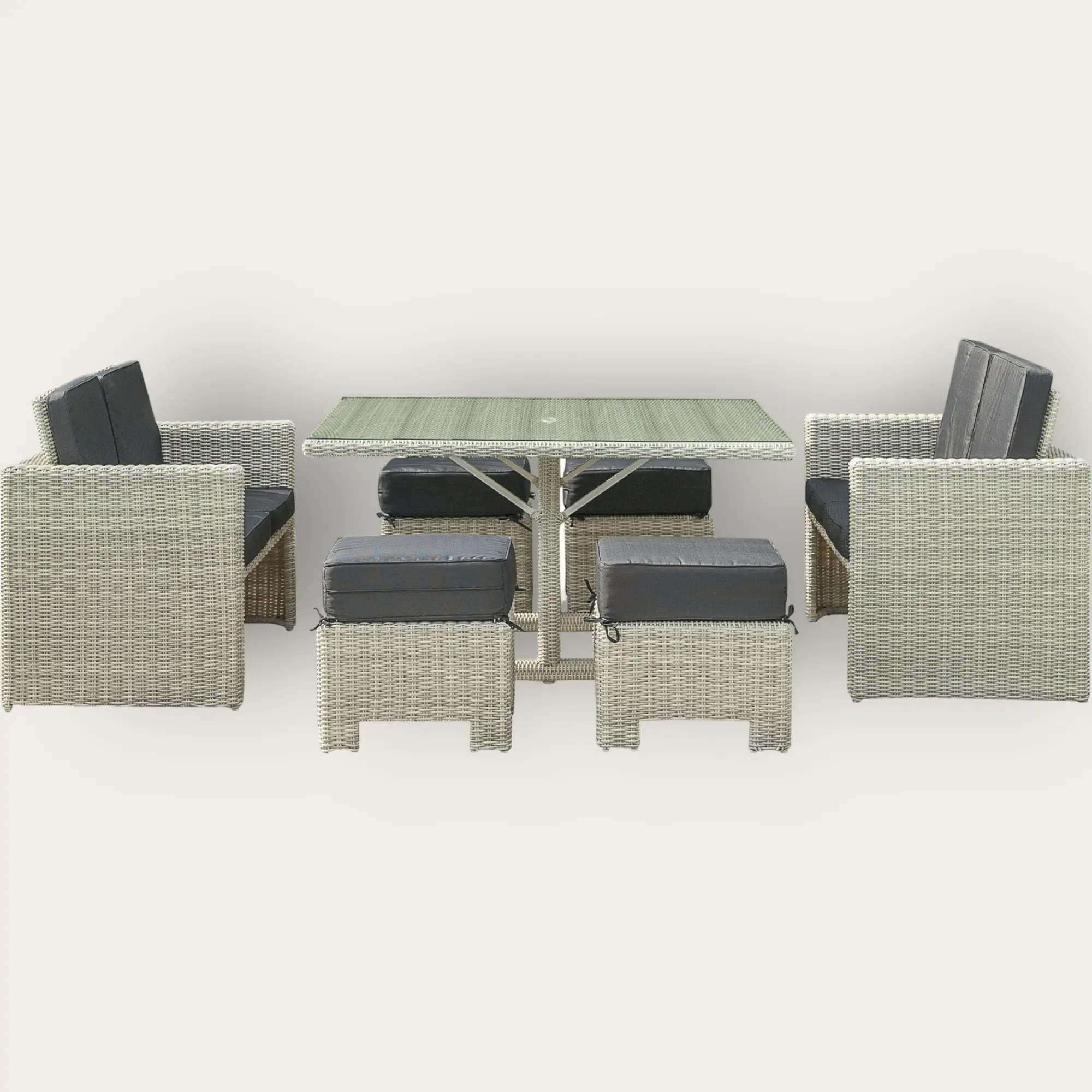 Ensemble repas de jardin OCEANE-LUNCH encastrable 8 places en résine tressée et plateau verre - CREME