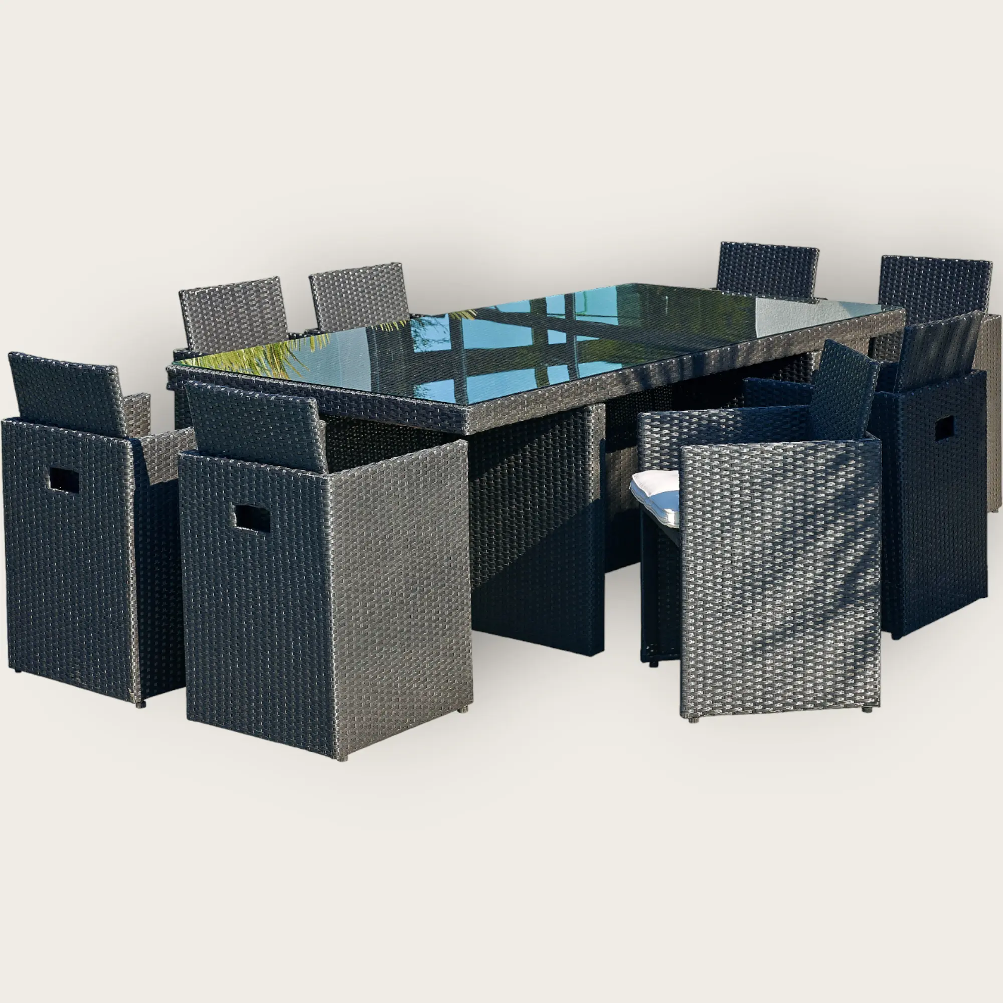 Ensemble repas de jardin encastrable PVC-8-N+ 8 places en résine tressée et plateau verre - NOIR