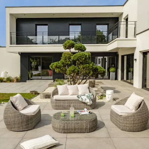 Salon bas de jardin ISA 5 places en résine tressée demi-ronde luxe - GRIS