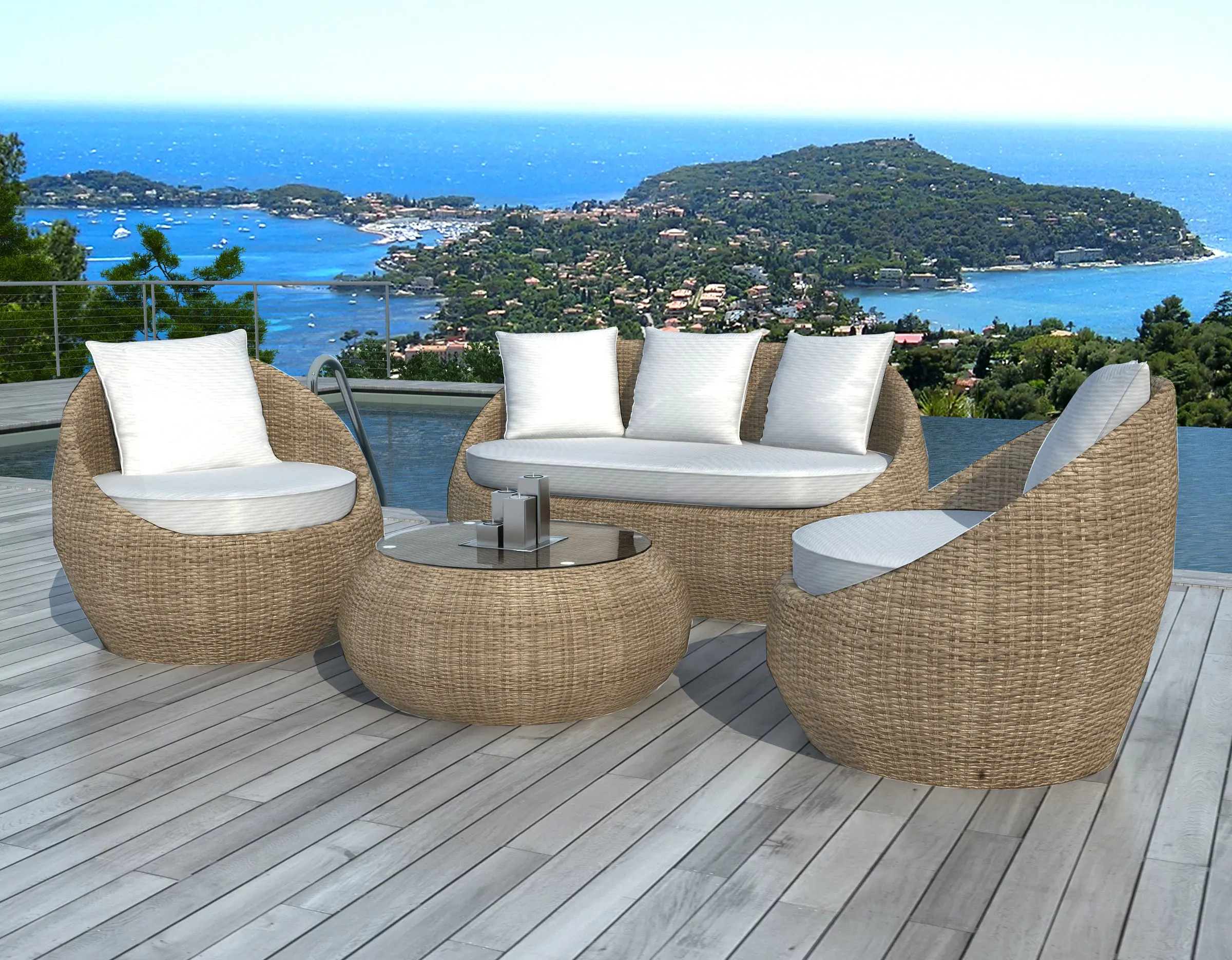 Salon de jardin rotin naturel et blanc Salon de jardin rotin naturel et blanc – Image 2