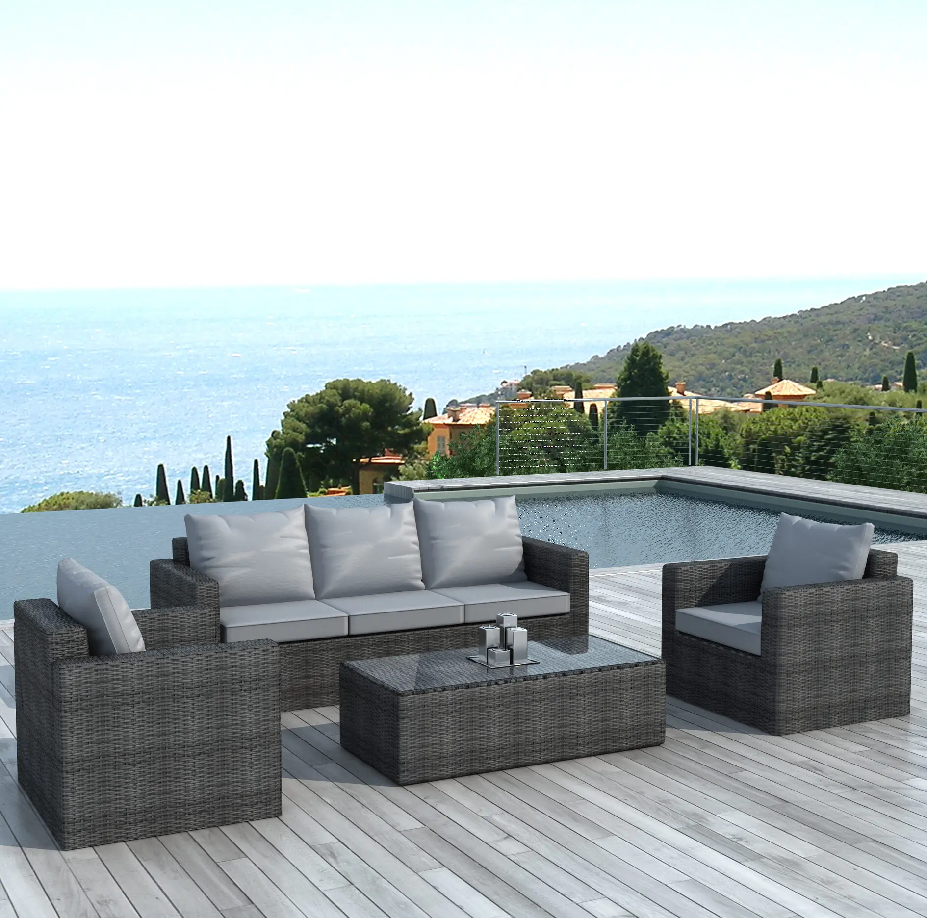 salon de jardin résine tressée gris coussins gris clair Delorm