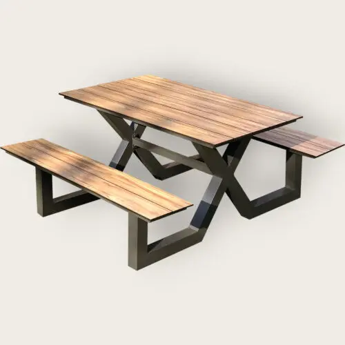 Table de jardin avec bancs VANCOUVER (150x164 cm) en aluminium et HPL effet bois - GRIS ANTHRACITE