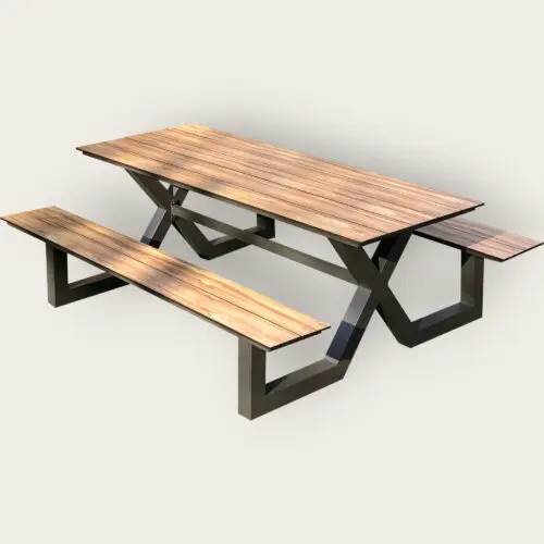 Table de jardin avec bancs VANCOUVER (210x174 cm) en aluminium et HPL effet bois - GRIS ANTHRACITE
