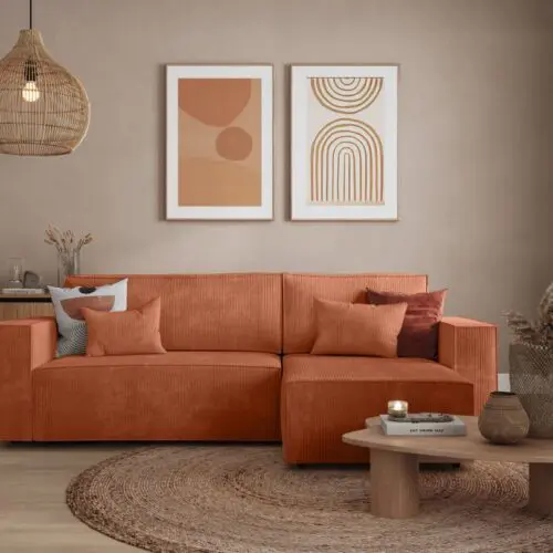 Canapé d’angle convertible réversible terracotta avec coffre en velours côtelé CARLA