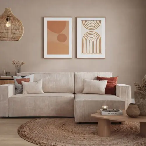 Canapé convertible Canapé d’angle convertible réversible beige avec coffre en velours côtelé CARLA