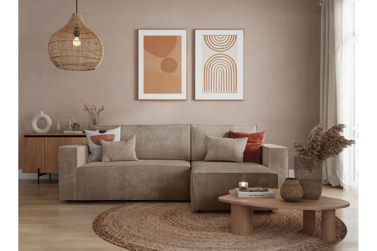 Canapé d’angle convertible réversible taupe avec coffre en velours côtelé CARLA