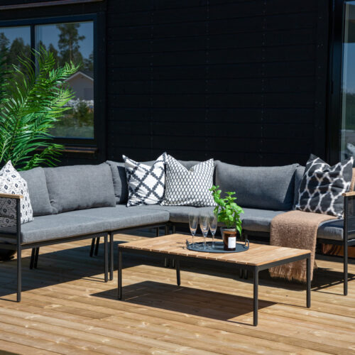 Salon de jardin d'angle acier noir teck Vivia