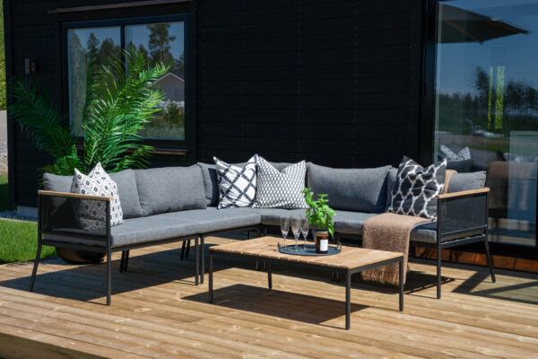 Salon de jardin d'angle acier noir teck Vivia