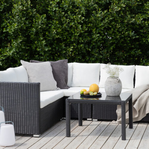 Salon de jardin rotin noir coussins blanc Brazil