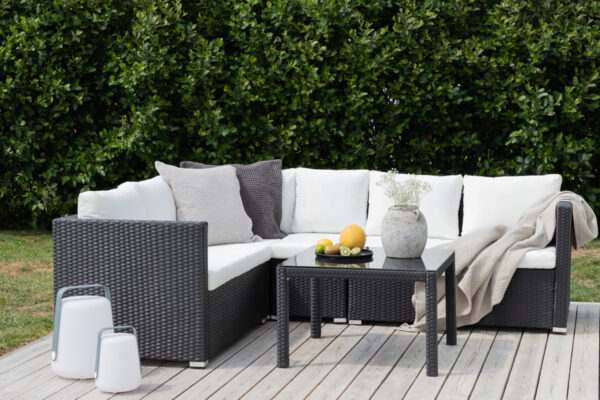 Salon de jardin rotin noir coussins blanc Brazil