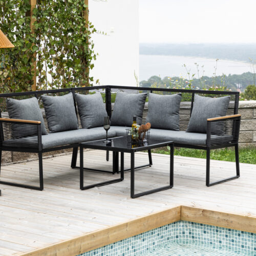 Salon de jardin acier noir coussins gris Denver