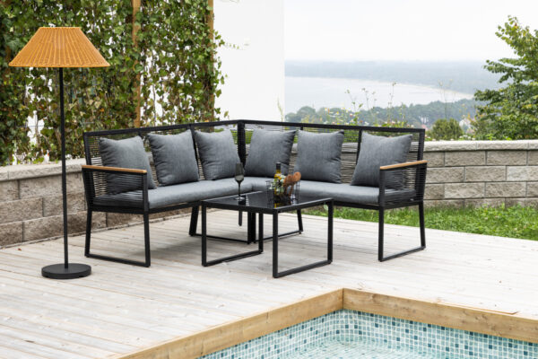 Salon de jardin acier noir coussins gris Denver