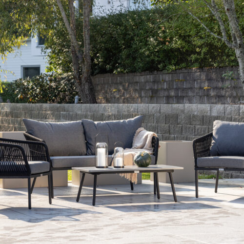 Salon de jardin corde noir coussins gris Rodeli