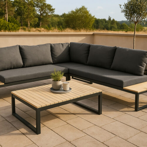 Salon de jardin aluminium bois gris noir naturel Oblero