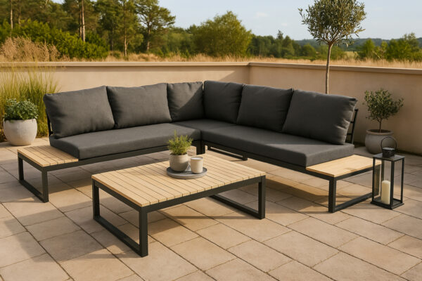 Salon de jardin aluminium bois gris noir naturel Oblero