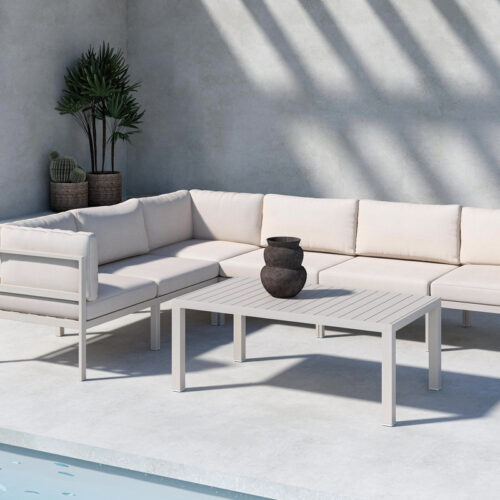 Salon jardin d’angle modulable aluminium beige Saddi 6 places