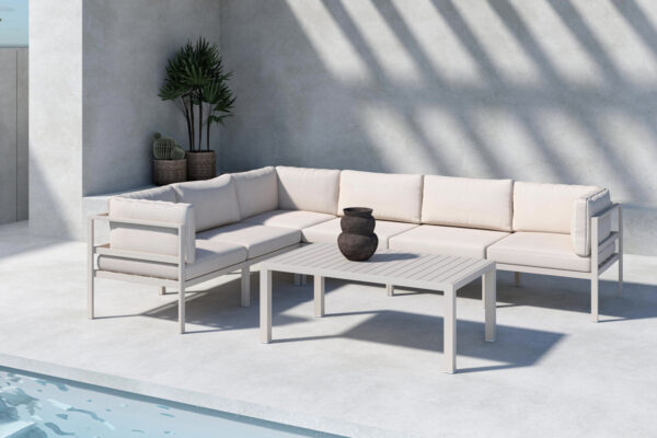 Salon jardin d’angle modulable aluminium beige Saddi 6 places