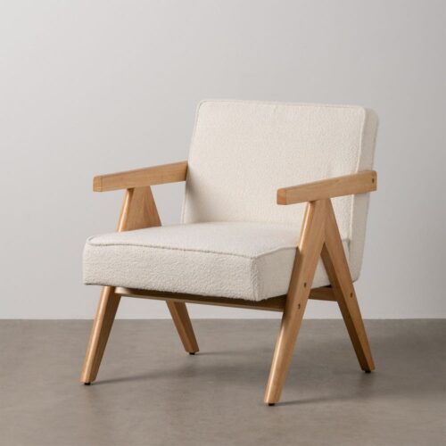 Fauteuil bouclette blanc bois hévéa Ixia - 611283
