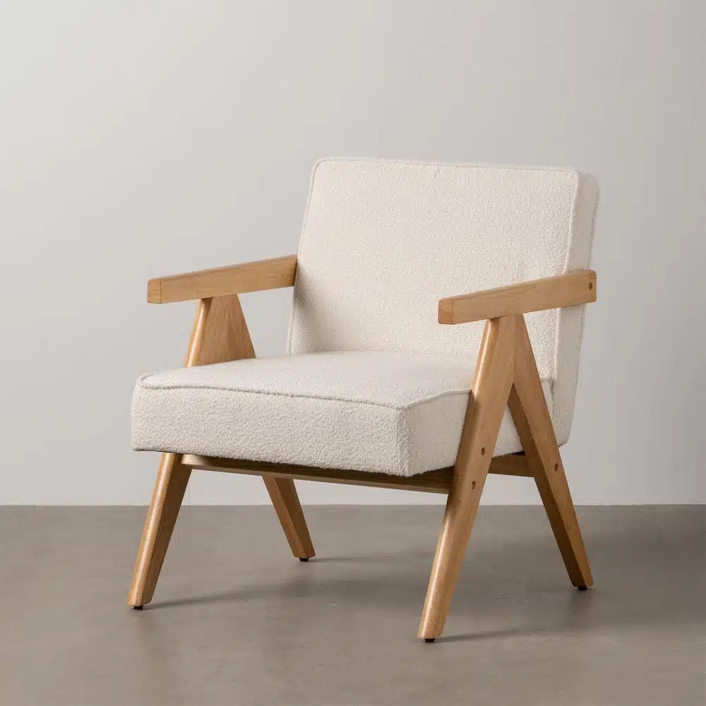 Fauteuil bouclette blanc bois hévéa Ixia - 611283