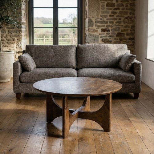 Table Basse Ronde Bois Manguier Foncé Pieds Croisés Ixia 90cm