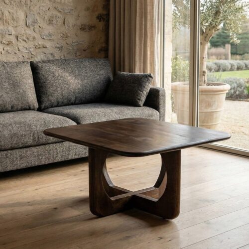 Table Basse Carrée Bois de Manguier Foncé Pieds Croisés Ixia 80x80cm