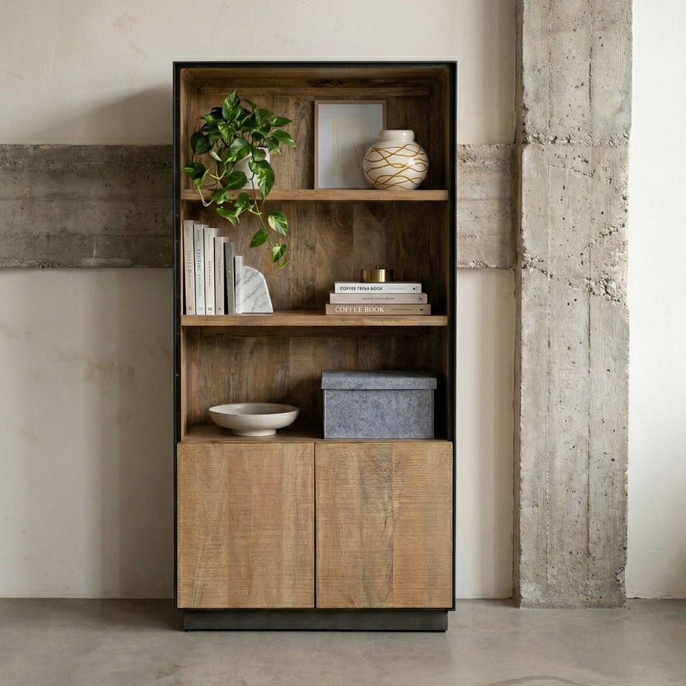 Étagère Bibliothèque Bois de Manguier Fer Collection Ohio Ixia 90x180cm