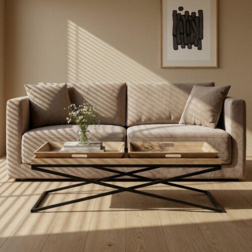 Table Basse Bois Naturel Pied Métal Noir 2 Plateaux Amovibles Ixia