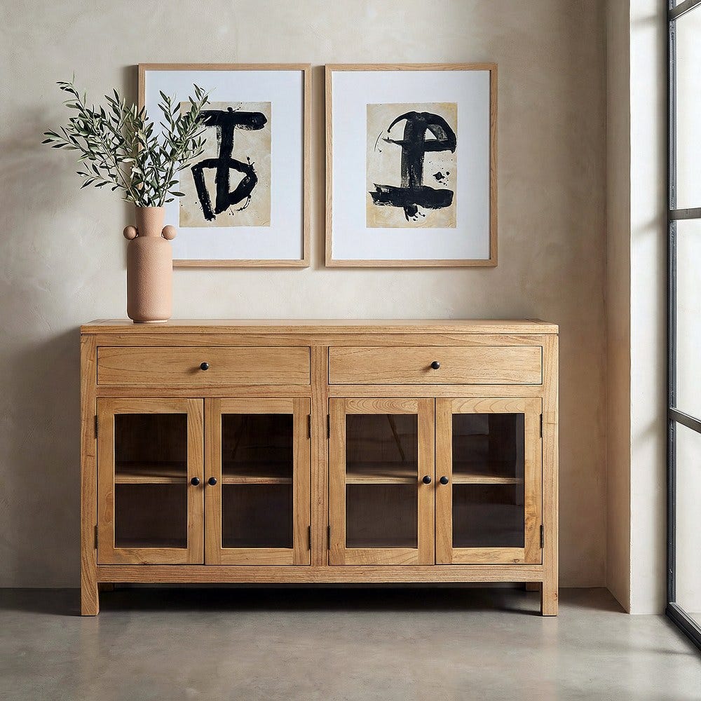 Buffet Vitré Bois de Mindi Naturel 2 Tiroirs 4 Portes Ixia 140cm