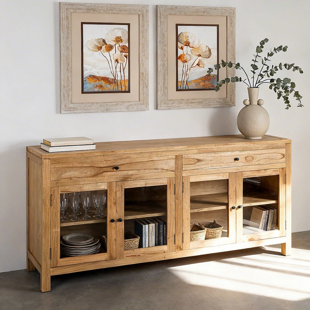 Buffet Vitré Bois de Mindi Naturel 2 Tiroirs 4 Portes Ixia 160cm