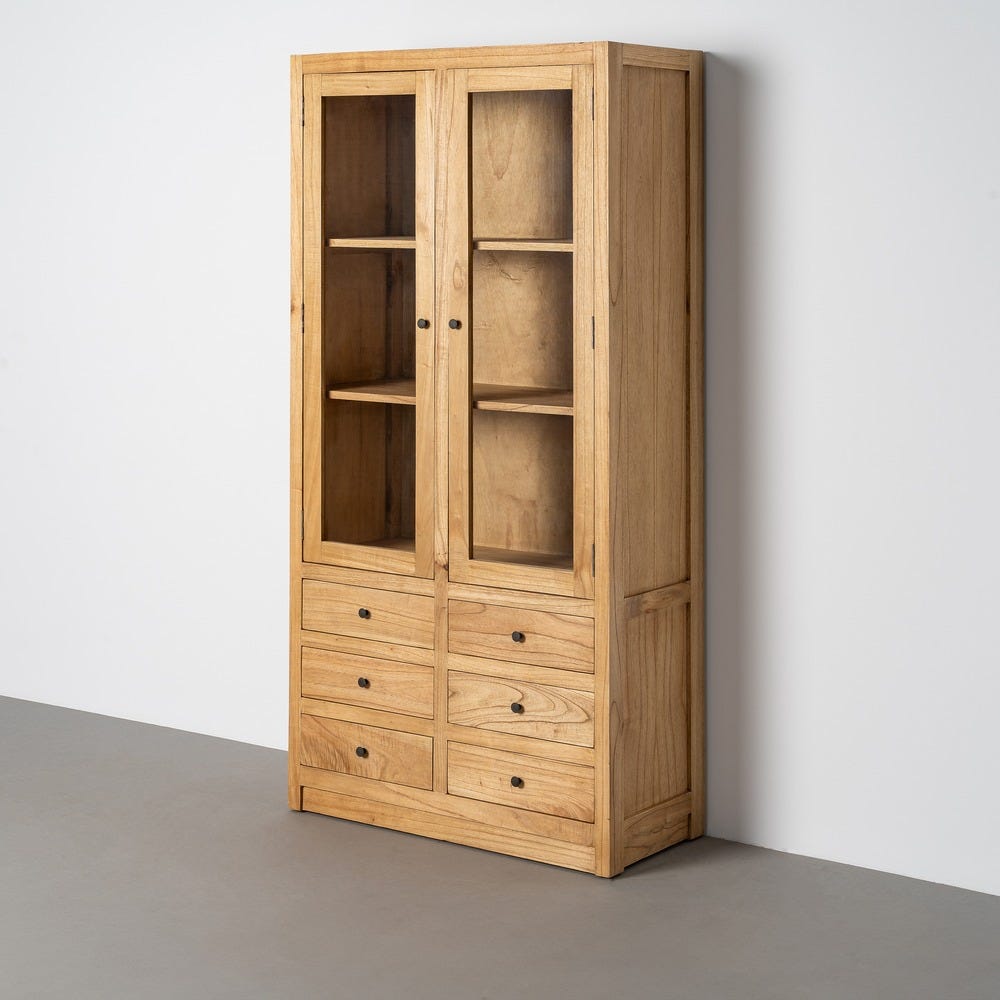 Vitrine Bois de Mindi Naturel 2 Portes 6 Tiroirs Ixia 90x180cm