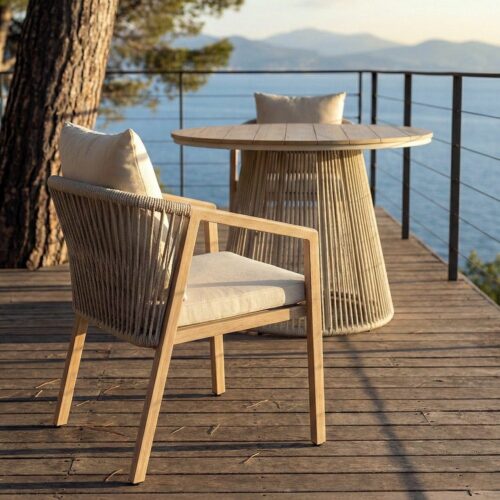 Lot 4 Chaises Jardin Rotin Acier Couleur Bois Coussin Ixia 54x61x78cm