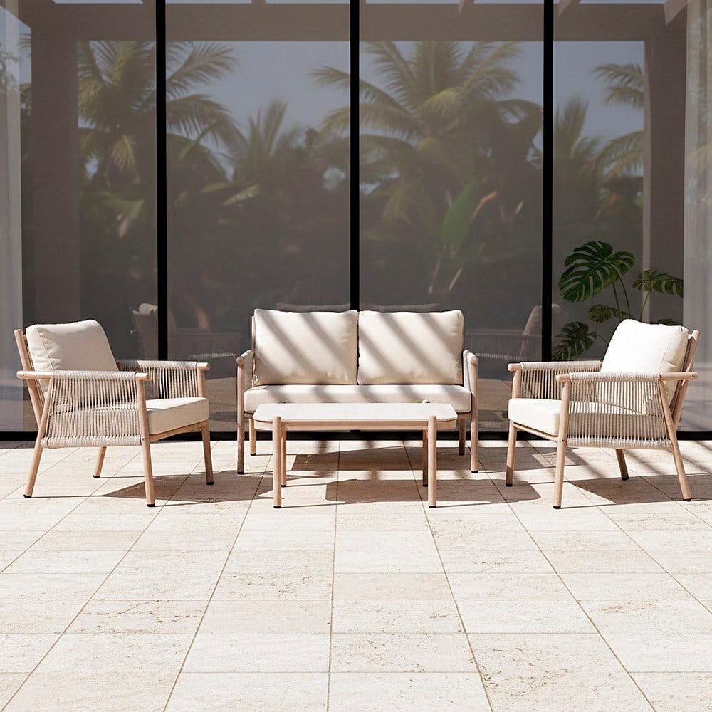 Salon de Jardin Salina Acier Rotin Canapé 2 Places 2 Fauteuils Table Basse Ixia