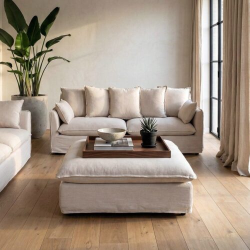 Pouf Salon Polyester Lin Beige Ixia 100x100cm 28kg/m³