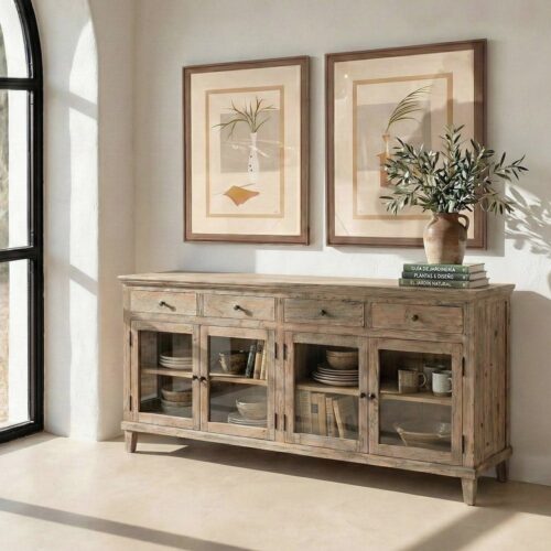 Buffet Bois de Pin 4 Tiroirs 4 Portes Vitrées Ixia 200cm