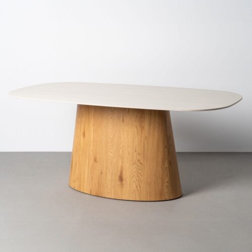 Table à Manger Pierre Frittée Beige Pied Bois Ixia 180x90cm
