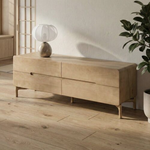 Meuble TV Bois de Manguier Clair 4 Tiroirs Ixia 160cm