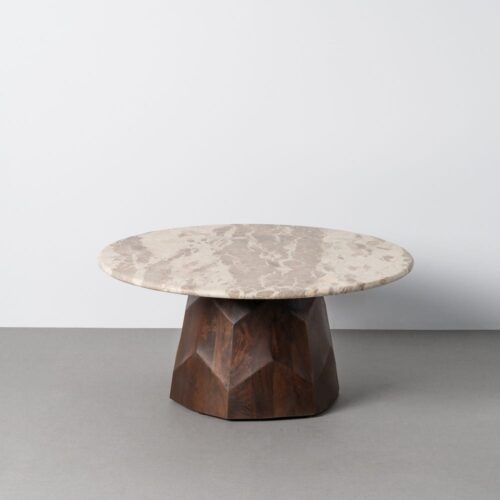 Table Basse Ronde Bois de Manguier Plateau Marbre Ixia 90cm