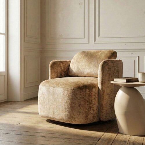 Fauteuil Pivotant Velours Beige Foncé Ixia 87x85x66cm