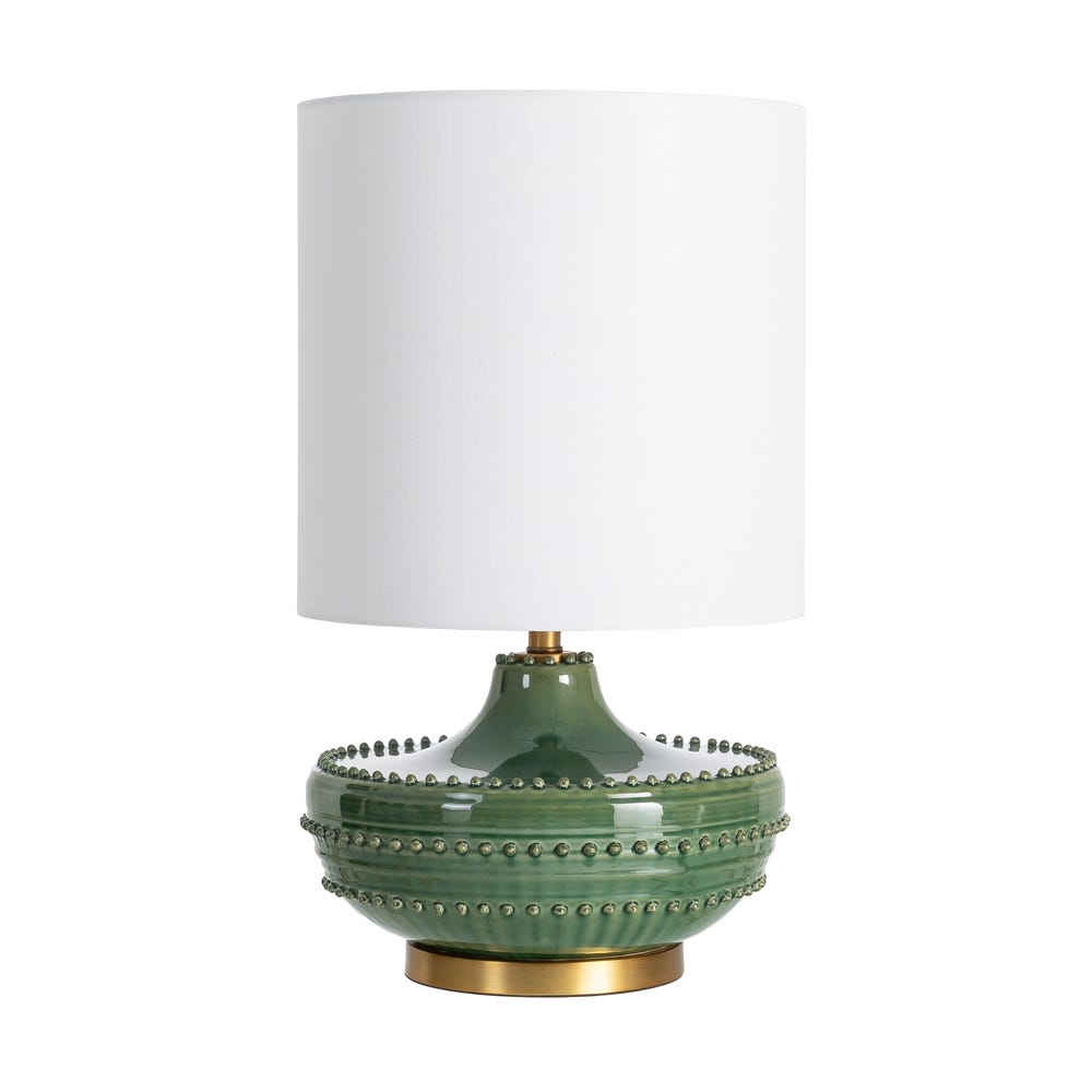 Lampe de Table Céramique Vert Picots Abat-Jour Lin Blanc Ixia 38x38x65cm