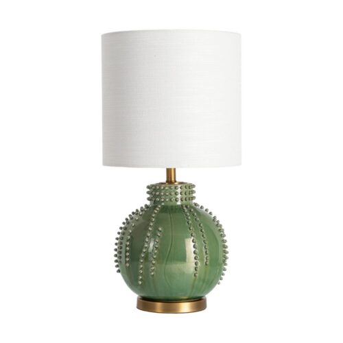 Lampe de Table Ronde Céramique Vert Blanc Abat-Jour Lin Ixia 35x35x69cm