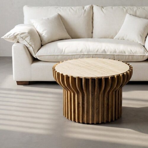 Table Basse Ronde Bois Manguier Plateau Marbre Ixia 78.5x78.5x47cm