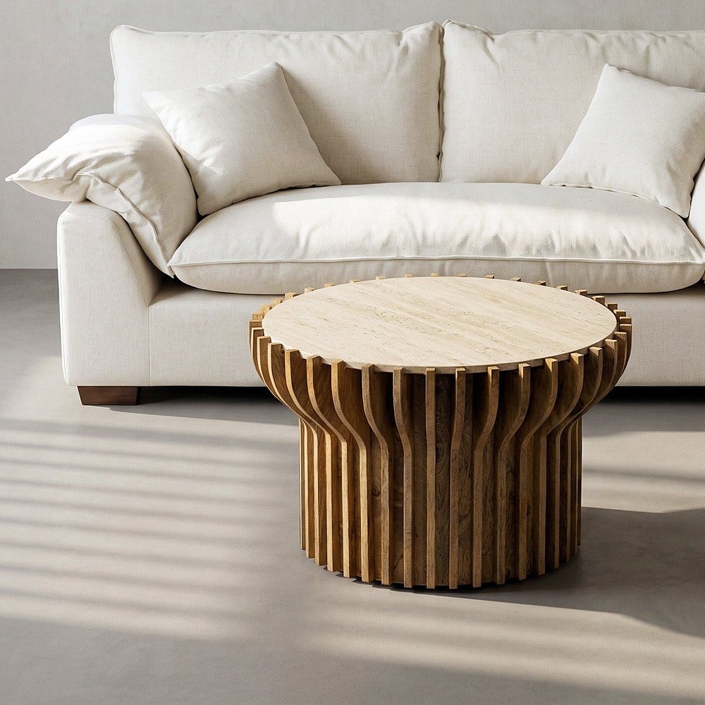 Table Basse Ronde Bois Manguier Plateau Marbre Ixia 78.5x78.5x47cm