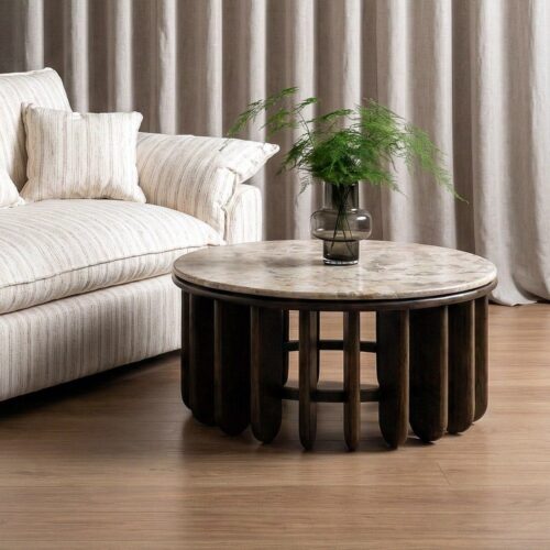 Table Basse Ronde Bois Manguier Plateau Marbre Ixia 90x90x42cm