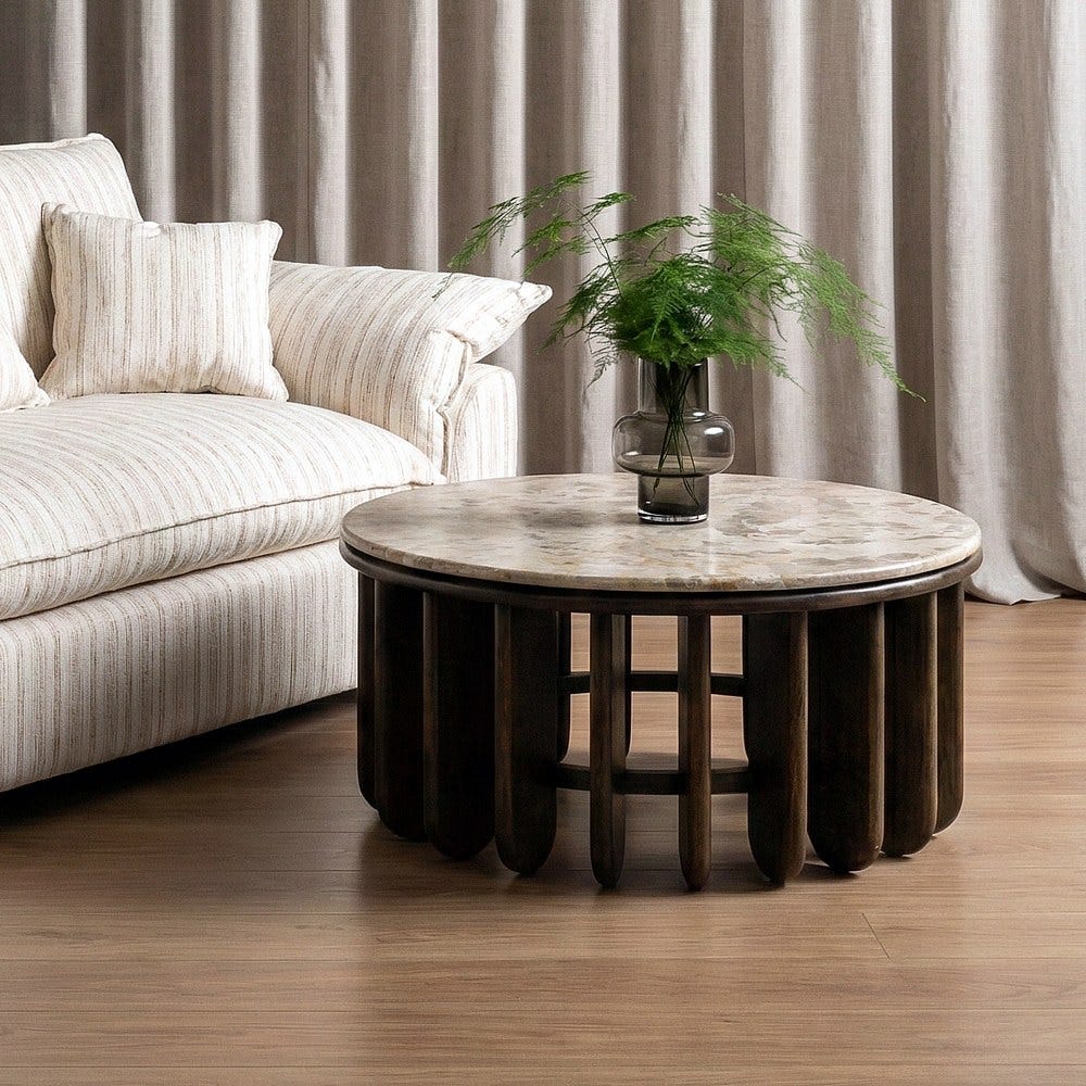 Table Basse Ronde Bois Manguier Plateau Marbre Ixia 90x90x42cm