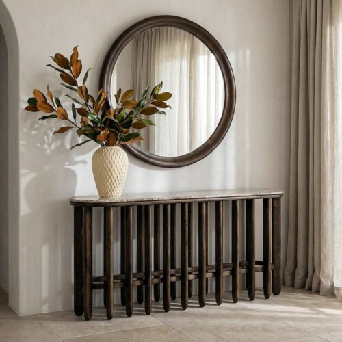 Console Bois de Manguier Plateau Marbre Pieds Barrière Ixia 160x40x76cm