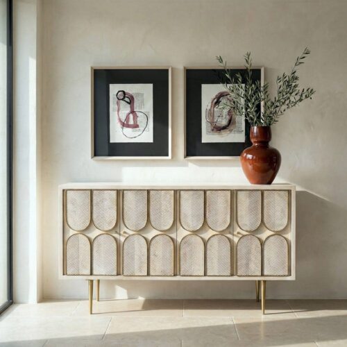 Buffet Bois de Manguier Blanc Or 4 Portes Ixia 152cm