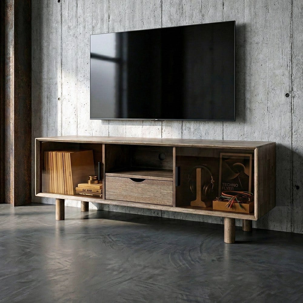 Meuble TV 2 Portes Vitrées 1 Tiroir Bois Verre Ixia 150x40x55cm
