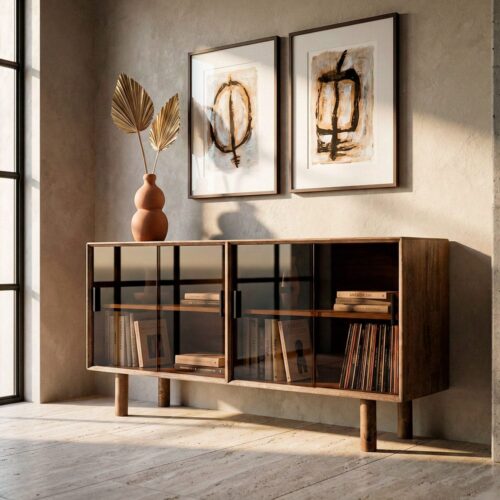 Buffet Vitrine Verre Trempé Bois Hévéa Ixia 160cm